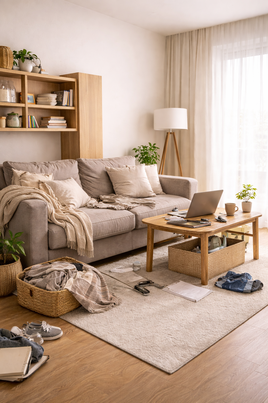 cluttered living room in daylight