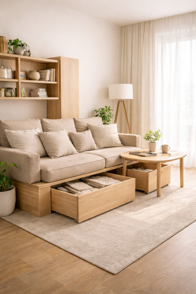 cozy modern living room with storage