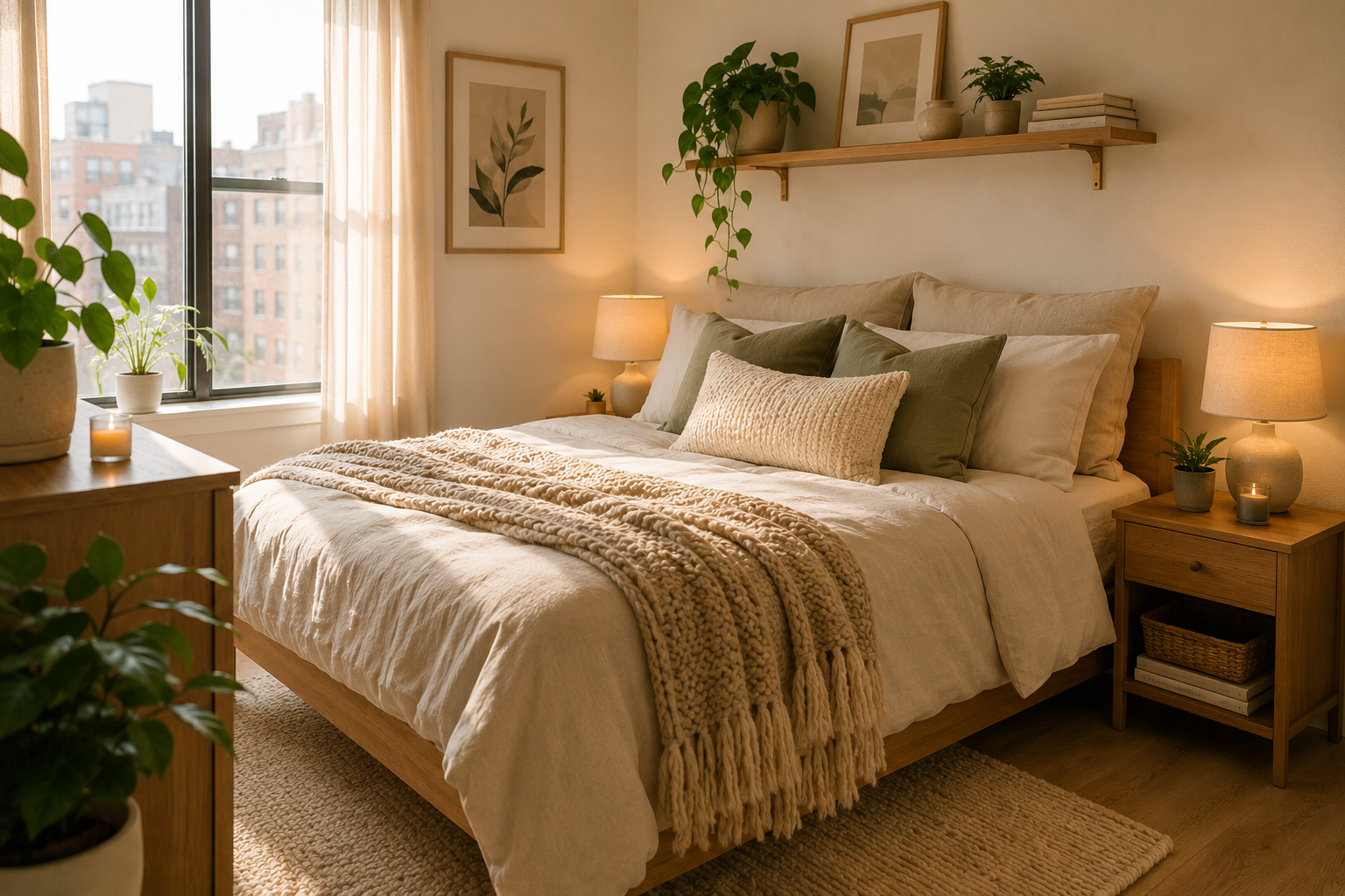 Cozy sunlit bedroom in Scandinavian style