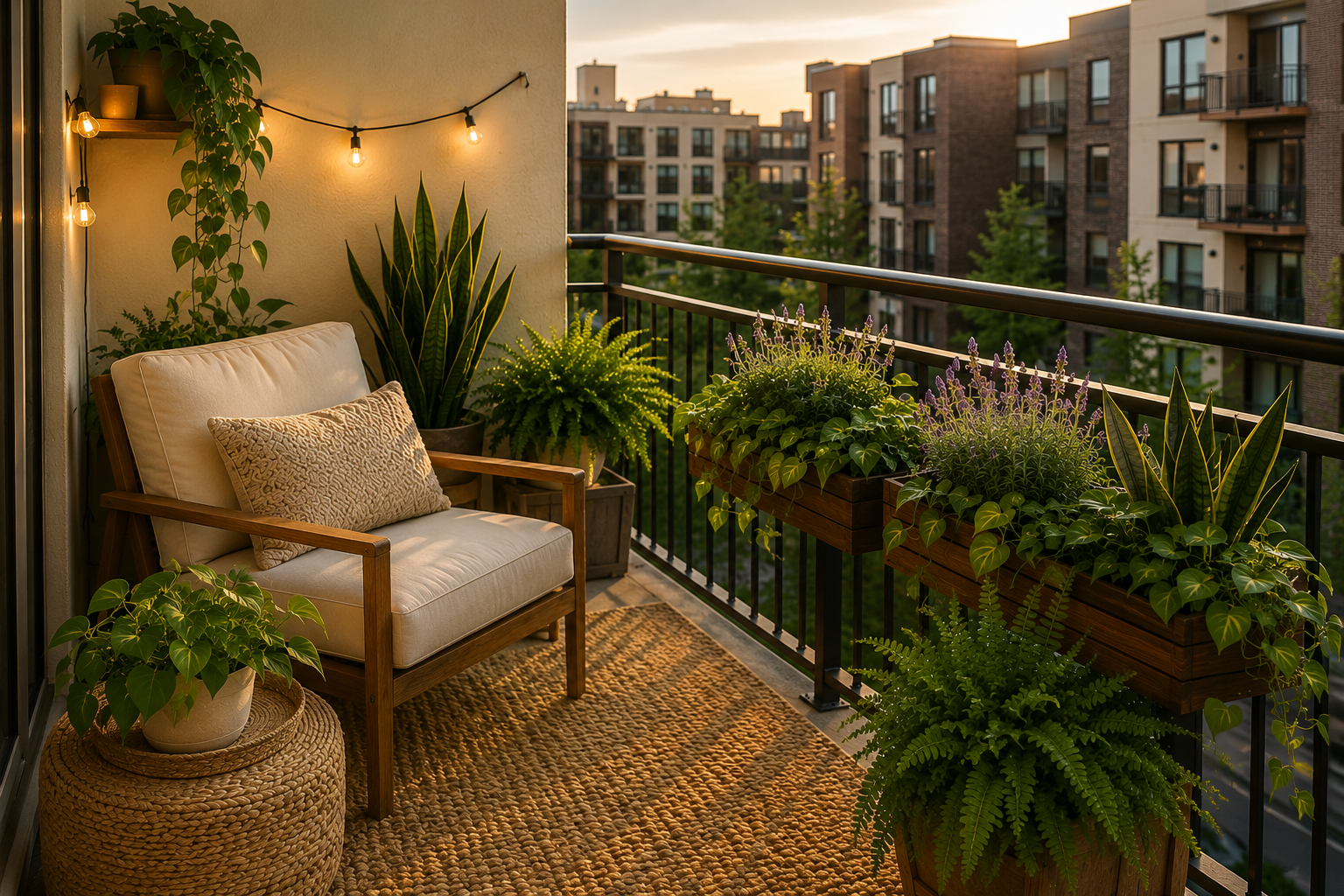 Cozy balcony garden at sunset