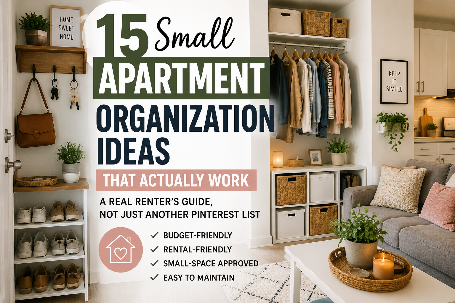 Small apartment organization ideas featuring renter-friendly entryway storage, closet organizers, woven baskets, and space-saving living room solutions.