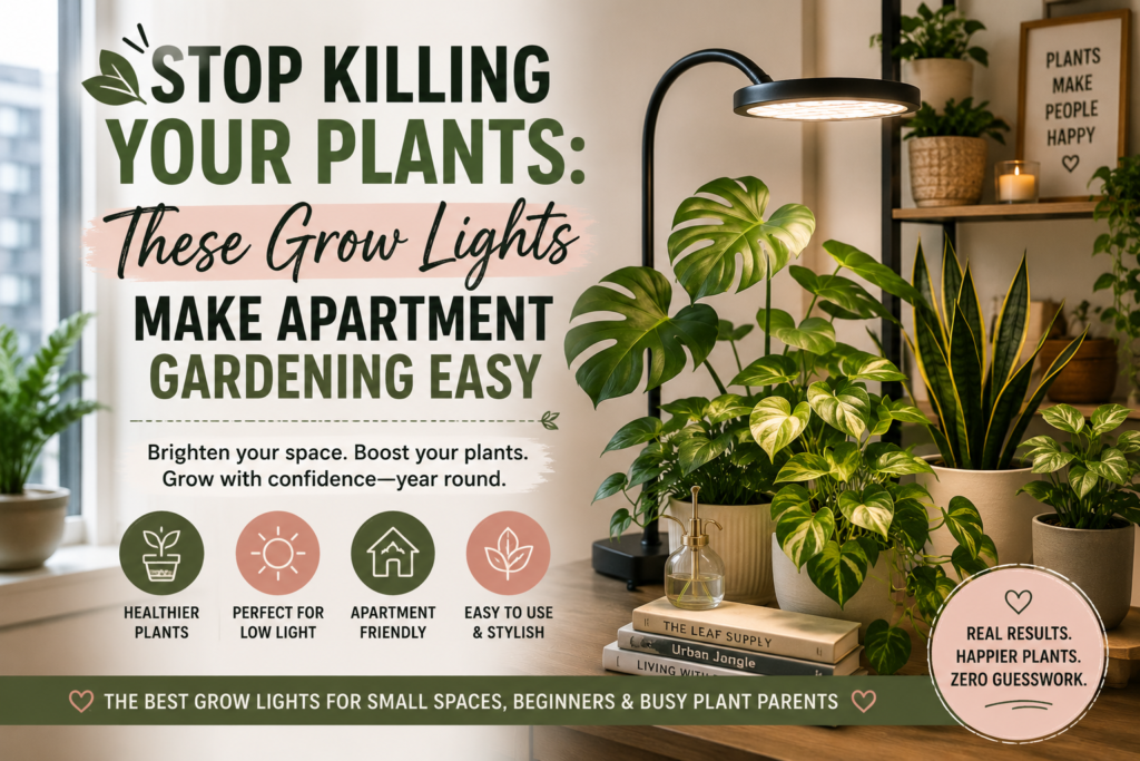 LED grow light illuminating healthy indoor plants including Monstera, pothos, and snake plant in a modern apartment with limited natural light.