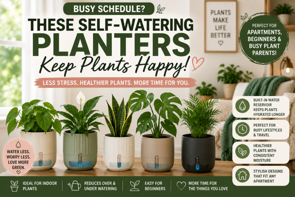 Busy Schedule? These Self-Watering Planters Keep Plants Happy Modern self-watering planters with healthy indoor plants displayed in a bright apartment living room, perfect for busy plant owners and beginners.