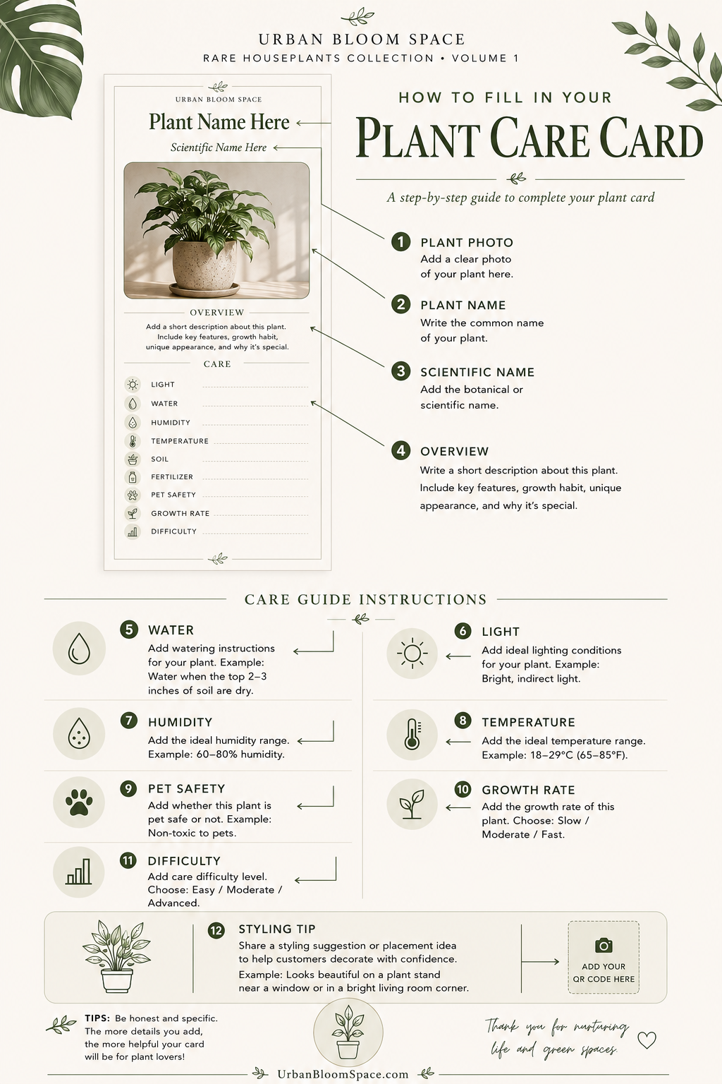 luxury rare houseplant care cards | printable botanical plant guide | digital download | indoor plant collection pdf