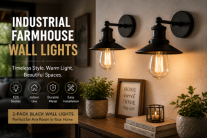 Black industrial farmhouse wall lights in a modern cozy home interior