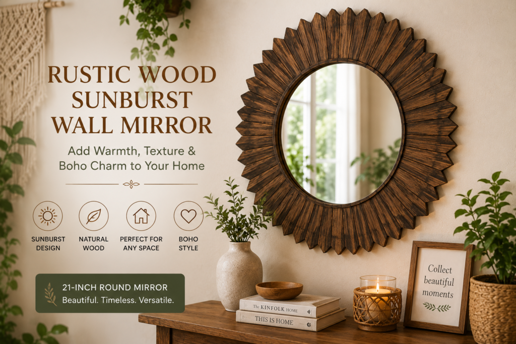 Rustic Wood Sunburst Wall Mirror: A Beautiful Boho Accent for Your Home Rustic wood sunburst wall mirror in a cozy boho living room
